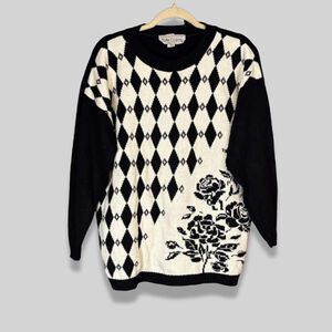 Vintage Kate Collins Sweater Argyle Rose Floral Pattern Knit Black/White Large